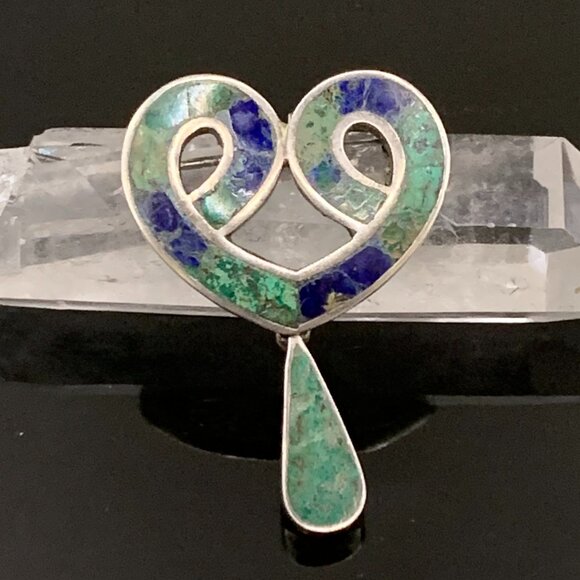 TAXCO Los Castillo Mexico Eagle 15 Heart Azteca 207 Brooch Malachite Chrysocolla - Picture 2 of 12